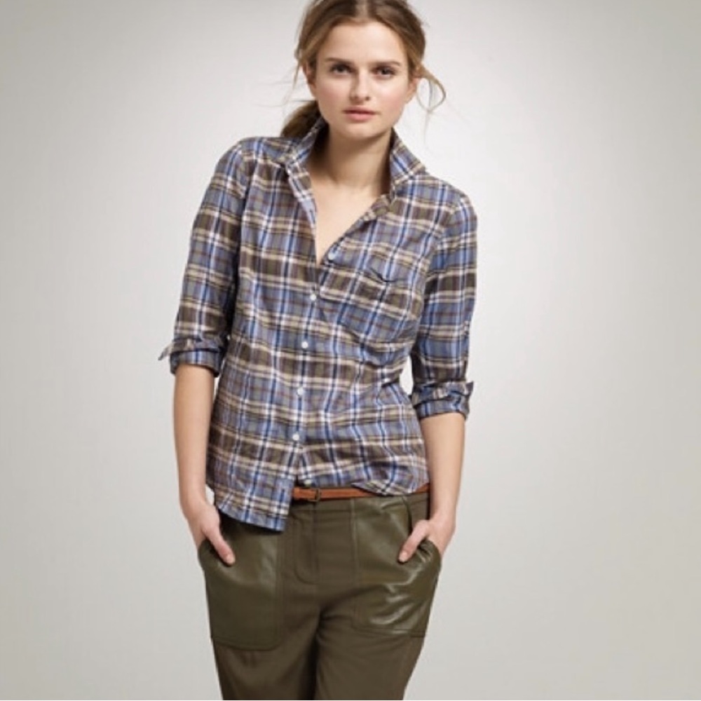 J. CREW The Perfect Shirt Plaid Blouse Button Down Top Purple Blue Green White